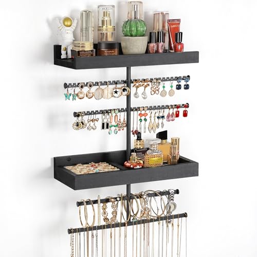Keebofly Wall Mounted Jewelry Organizer with 2 Tired Shelves & Ring Holder- Jewelry Holder Wall Storage Display for Earrings, Necklace, Bracelet in Bathroom Bedroom, Black - color: Black with 2-Tiered Shelf and Ring Holder