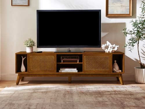 LKTART 68 Inch Mid Century Modern TV Stand with Rattan Doors,MCM Entertainment Center Media Console for 60/65/70/75 inch TVs,Long Boho Television Stand for Living Room,Light Walnut - color: 68" Light Walnut