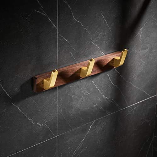 Wall Mounted Coat Rack, Entryway Hanging Coat Rack, Metal Wood Coat Rail with 3 Rustic Hooks Rail for Coat, Scarf, Bag, Towel, Key, Cap, Hat, Walnut Gold Matt - size: 3 Hooks - Curve Shape