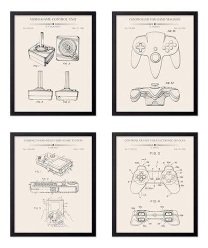 Monem Art 4-Piece Gaming Blueprint Poster - Video Game Patent Print - Joystick & Controller Art - Technical Drawing Design - Gameboy Print - Office or Kid's Room Decor, 8x10 Black Framed