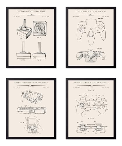 Monem Art 4-Piece Gaming Blueprint Poster - Video Game Patent Print - Joystick & Controller Art - Technical Drawing Design - Gameboy Print - Office or Kid's Room Decor, 8x10 Black Framed