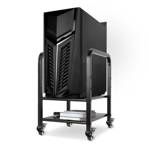 Computer Tower Stand, Height Adjustable PC Floor Stand 2-Tier for Mini/Mid Tower, Full Metal Rolling CPU Holder Cart with Locking Caster Wheels for Home and Office, Black