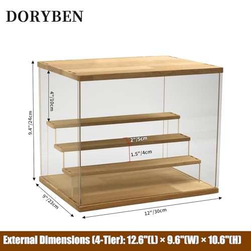 Acrylic Display Case with Adjustable LED Light, 4 Tier Clear Display Box Dustproof Showcase for Action Figures, Collectibles and Mini Toys, Assembly Display Cabinet(Wood 12.5×9.5×10.4in) - color: Wood, size: 4 Tier 12.5×9.5×10.5in