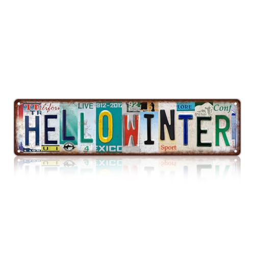 Vintage Hello Winter Metal Tin Signs Wall Decor | Man Cave Street Signs 16 x 4 Inches - color: Hello Winter