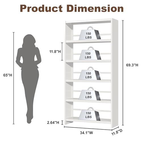 5 Tiers Metal White Bookshelf - 69.3" Tall Bookcase, Display Storage Shelves with Bookend, Heavy Duty Steel Bookshelves for Living Room, Bedroom, Study (White) - color: White-5 Tier