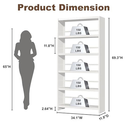 5 Tiers Metal White Bookshelf - 69.3" Tall Bookcase, Display Storage Shelves with Bookend, Heavy Duty Steel Bookshelves for Living Room, Bedroom, Study (White) - color: White-5 Tier