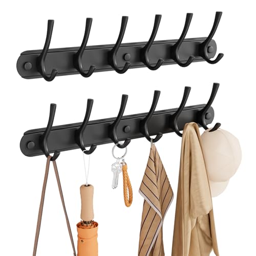 BAKON 2 Packs Coat Rack Wall Mount with 6 Hooks, Heavy Duty Towel Hooks Hat Rack for Bathroom Entryway Bedroom Laundry Living Room, Wall Hangers for Hanging Coat Towel Purses Bags (Black) - color: Black, size: 2Pack-6 Hook