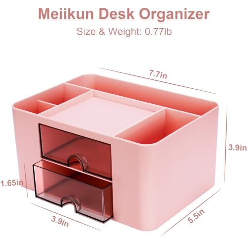 Meiikun Plastic Pen Organizer, Multifunctional Desk Organizer with 2 Drawers, 4 Compartments & a Top Tray, Pencil Holder Desktop Organizers and Accessories for Office, 7.7" x 5.5" x 3.9" (Pink) - color: 5 Compartments + 2 Drawer (Pink)