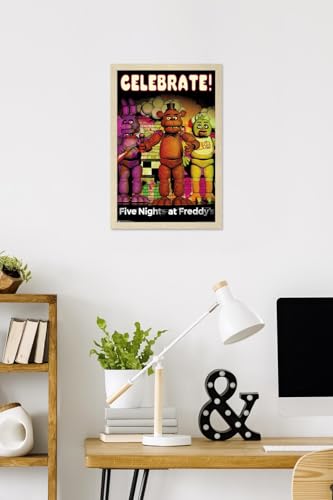 Five Nights at Freddy's - Celebrate Wall Poster, 22.4L" x 14.7W", Blonde Framed Version - color: Blonde Framed Version, size: 22.4"L x 14.7"W