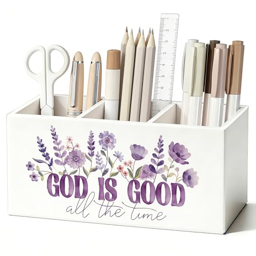 Purple Floral Christian Pen Pencil Holder for Desk, Christian Gifts for Women, God Is Good All the Time Bible Verse Religious Wooden Box Sign Decorations for Home Office Desk Tabletop - color: 01-Purple Floral Christian(white)
