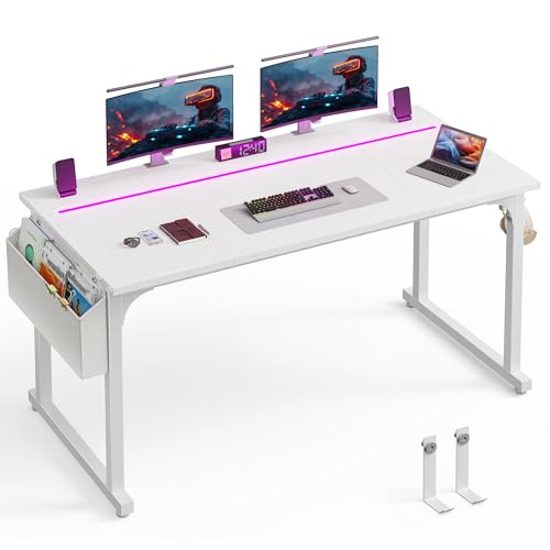 DurayLoly 55 Inch White Computer Desk with LED Lights, Office Desk with Storage Bag for Home Office, Gaming Desk with Headphone Hook for Study Writing Work Desk,Sturdy Metal Frame - color: White, size: 55 Inch