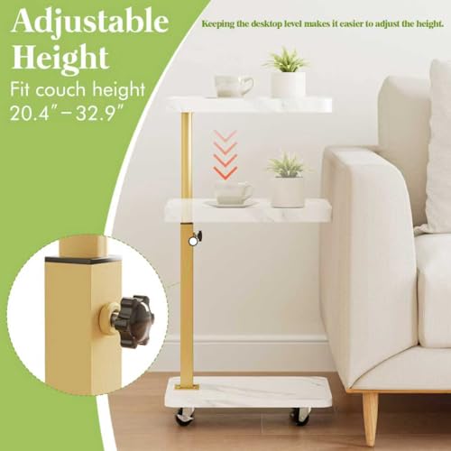 TV Tray Table, Adjustable Dinner Trays for Eating Table,360° Swivel& Sofa Armrest End Side Couch Snack Table for Sofa, Bedroom, Living Room, C Shaped End Table that Slide Under(White+Gold) - color: White Marble+gold
