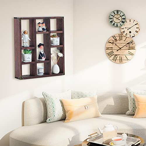 17.7x15.7-Inch Shadow Box Shelf 9-Slot Rustic Floating Shelves Larger Wall Mounted Shelf Lightweight Solid Wood Display Shelf Freestanding Farmhouse(Set of 2,9C-Rustic Walnut) - color: 9c-rustic Walnut, size: 2 PCS