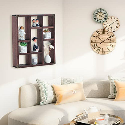 17.7x15.7-Inch Shadow Box Shelf 9-Slot Rustic Floating Shelves Larger Wall Mounted Shelf Lightweight Solid Wood Display Shelf Freestanding Farmhouse(Set of 2,9C-Rustic Walnut) - color: 9c-rustic Walnut, size: 2 PCS