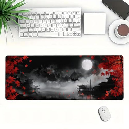 Maple Desk Mat Red Moonlit Chinese Landscape Night Mist Zen Mousepad XL Large Gaming Mouse Pad Laptop Keyboard Mat Desk Pad Great for Work-from-Home or Office Use 31.5x11.8 Inch - color: Maple