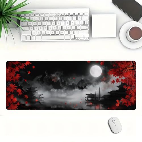 Maple Desk Mat Red Moonlit Chinese Landscape Night Mist Zen Mousepad XL Large Gaming Mouse Pad Laptop Keyboard Mat Desk Pad Great for Work-from-Home or Office Use 31.5x11.8 Inch - color: Maple