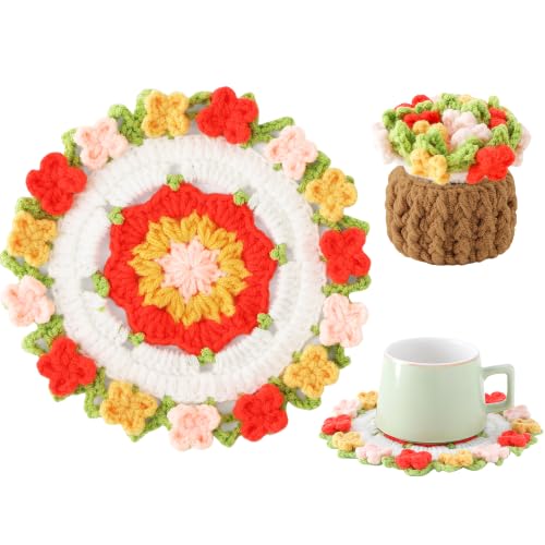 Flower Crochet Coasters, Handmade Bouquet Blanket Coaster with Crochet Plant Pot Fun Soft Decorative Drink Coasters for Coffee Tabletop Protection and Home Decor (Bright Orange, 1Pc) - color: Bright Orange, size: 1Pc