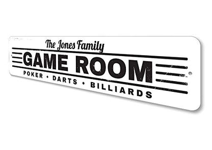 Game Room Sign, Family Name Sign, Custom Poker Darts Billiards Sign, Man Cave Aluminum Decor - 4" x 18" - size: 1) 4"x18" Inches