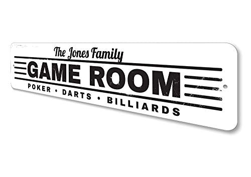 Game Room Sign, Family Name Sign, Custom Poker Darts Billiards Sign, Man Cave Aluminum Decor - 9" x 36" - size: 3) 9"x36" Inches