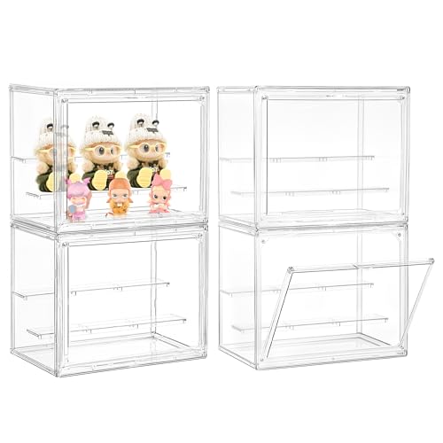 LXLXXL Small Acrylic Display Case for Collectibles 3 Layer Adjustable Display Case with Magnetic Door Clear Stackable Display Box for Mini Figures, 4 Pack - size: Small 4 Pack