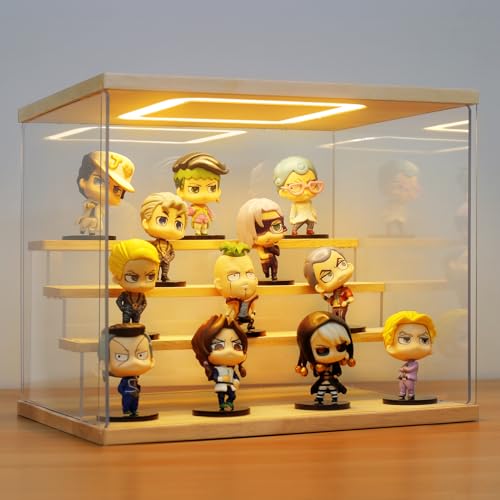 Clear Acrylic Display Case with Light , 4 Tier Display Box Stand Assembly Dustproof Protection Showcase for Collectibles Action Figures (12.6×9.6×10.6in; 32×24.5×27cm) - color: Wood with light, size: 4 Tier 12.6×9.6×10.6in；32×24.5×27cm