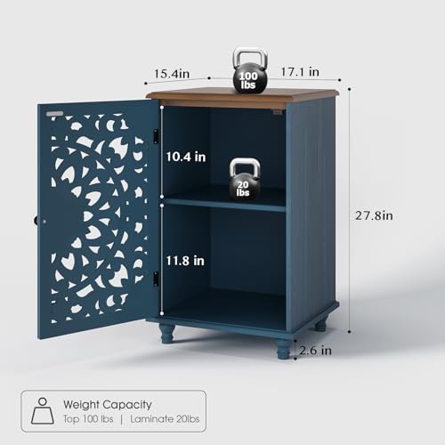 Jiansu furni Small Buffet Cabinet with Hand-Carved Mandala Door,Distressed Accent Storage Cabinet for Small Spaces, Kitchen, Dining Room(Blue & Walnut) - color: Blue & Walnut_1 Doors