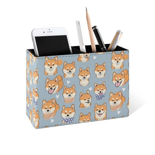 Famame Shiba Inu Puppies Dog Cute Pencil Holder for Desk, Leather Desktop Container Pen Cup Storage Study Table Pen Organizer Makeup Brush Holder for Classroom Office Home - color: Shiba Inu Puppies
