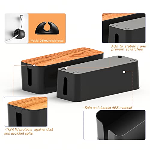 Cable Management Box 2 Pack with 16 Cable Clips Set-Large & Medium & Small Wooden Style Cable Organizer Box to Hide Wires&Power Strips | Cord Organizer Box | Cable Organizer for Home & Office [Black]