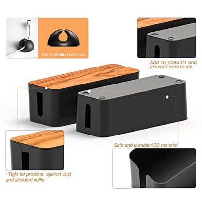 Cable Management Box 2 Pack with 16 Cable Clips Set-Large & Medium & Small Wooden Style Cable Organizer Box to Hide Wires&Power Strips | Cord Organizer Box | Cable Organizer for Home & Office [Black]