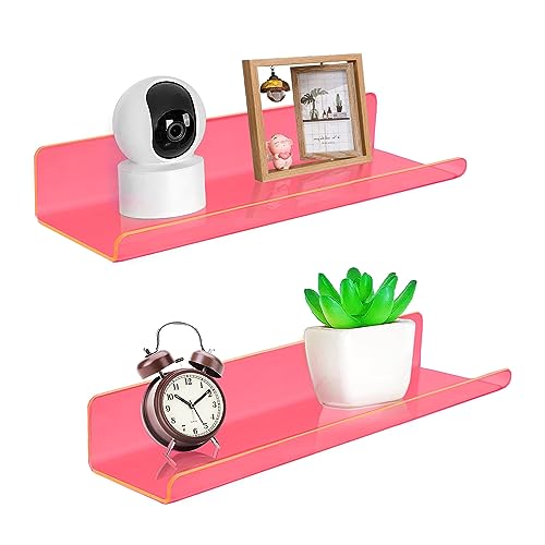 ROYALITA Small Acrylic Shelves Wall Mounted | Set of 2 | 12 Inches | Wall Hanging Plant Display Shelves, Room Decor Floating Wall Shelves for Gaming Room Bedroom, Living Room, Office, Pink - color: Neon Pink, size: 12 Inch
