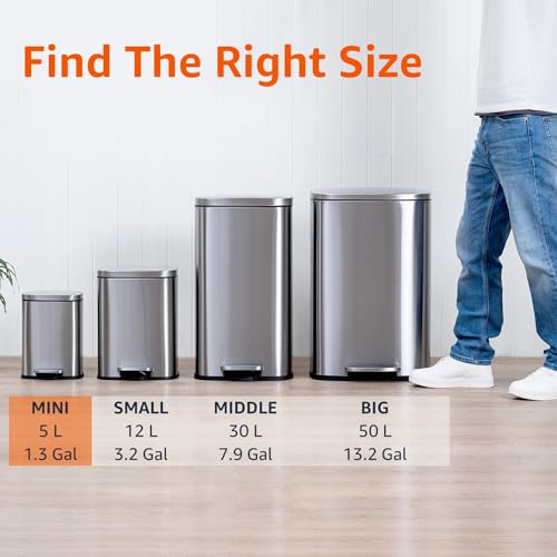 Amazon Basics MINI Trash Can, 1.32 Gallon (5L) Smudge Resistant Rectangular Bin with Soft-Close Lid, Step Foot Pedal, Removable Inner Bucket, Brushed Stainless Steel, for Bathroom, Satin Nickel Finish - size: Mini, 5L/1.32 Gal