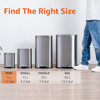 Amazon Basics MINI Trash Can, 1.32 Gallon (5L) Smudge Resistant Rectangular Bin with Soft-Close Lid, Step Foot Pedal, Removable Inner Bucket, Brushed Stainless Steel, for Bathroom, Satin Nickel Finish - size: Mini, 5L/1.32 Gal