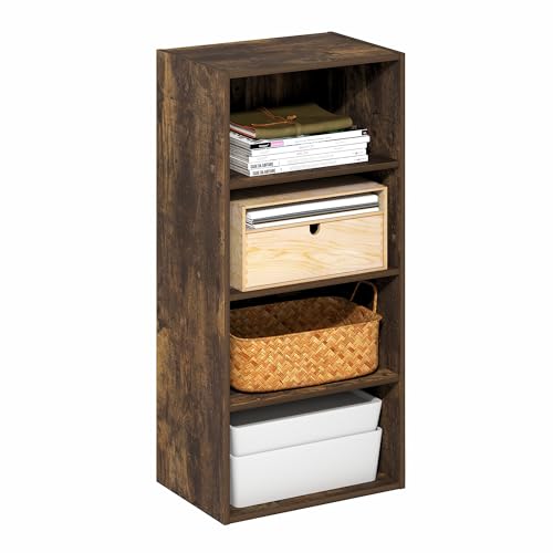 Furinno Basic Book Shelf, 4-Tier Bookcase with Open Shelf, Bookshelf, Cube Storage Organizer, 11 x 17 x 35, for Living Room, Bedroom, Home Office, Amber Pine - color: Amber Pine, size: 4-Tier, 11 x 17 x 35