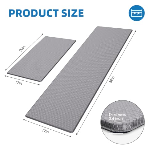Kitchen Mats for Floor 2 Piece - 17"x29"+17"x59" Anti Fatigue Mats for Kitchen Floor - Non Slip Cushioned Rugs for Standing - Grey - color: Grey, size: 2pc: 17" x 29" + 17" x 59"