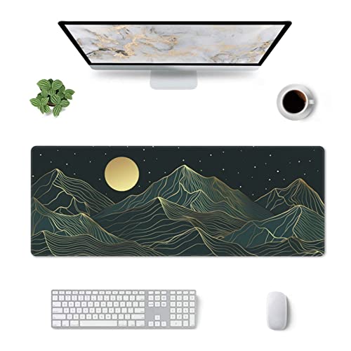 Golden Mountain Line Moon Landscape Gaming Mouse Pad XL Extended Large Mousepad with Nonslip Rubber Base Stitched Edges Laptop Computer Keyboard Desk Mat for Office Home Gamer - color: Mountain Moon, size: 31.5" x 11.8"