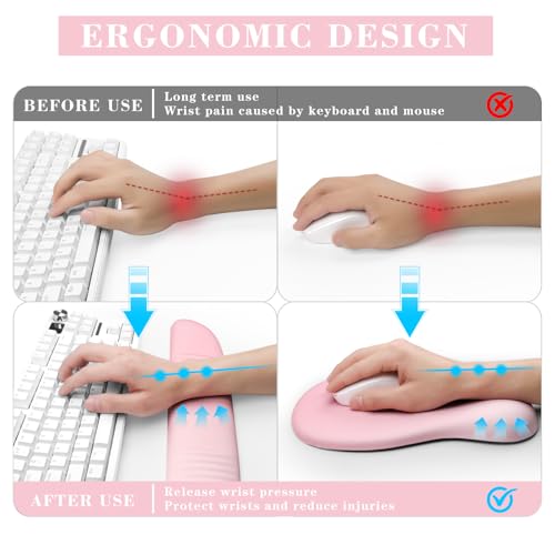 Ergonomic Mouse Pad and Keyboard Wrist Rest Support Set, Soft Memory Foam Relieves Wrist Pain for Long Hours of Work Gaming, Non-Slip PU Base for Computer Desk(Pink) - color: Pink