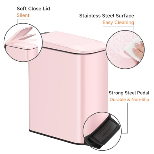 TIPGO Slim Bathroom Trash Can with Lid Soft Close, 6 Liter / 1.6 Gallon Stainless Steel Garbage with Removable Inner Bucket, Small Trash Bins for Bedroom, Office (Pink) - color: Pink