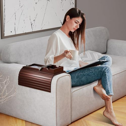 Bestjing Bamboo Couch Armrest Table, Sofa Arm Tray with Detachable Couch Cup Holder- 2 in 1 Anti-Slip Foldable Sofa Armchair Caddy Table for Drinks Cellphone TV Remote Snacks (Walnut) - color: Walnut, size: 16.3" x 13.3" x 2"