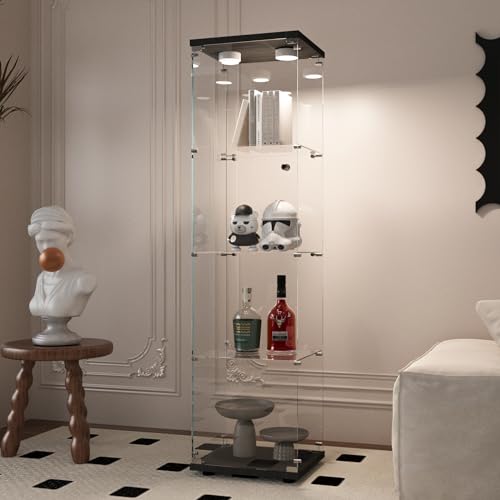 Beauty4U Glass Display Cabinet with Light, 4 Shelves, Curio Cabinets for Living Room, Bedroom, Office, Black Floor Standing Glass Bookshelf, Quick Installation - color: Black-led, size: 1-Door 4-Shelf