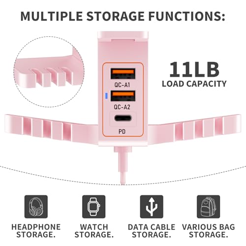 Under Desk Headphone Stand with Charging Station,Dual Headset Hooks, 2 QC3.0 USB A Ports & 20W PD USB C Port, Smart Watch Dock, Cable Management Organizer, Headset Holder Mount for Office Gaming Setup - color: Pink (PD & QC3.0)