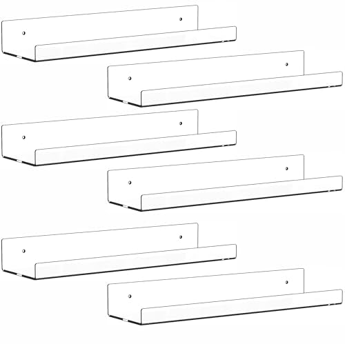 6 Pack Clear Acrylic Shelves for Wall with Adhesive,15 Inch No Drill Floating Shelves for Bathroom,Bedroom,Renter Friendly,Kids Room Bookshelf,Wall Display Shelf for Lego,Funko Pop,Figurine,Perfume - size: 15 Inch - 6 Pack
