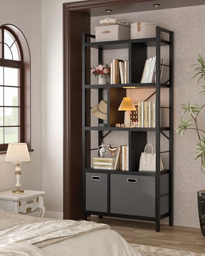Armocity Bookshelf with Drawers - 5 Tier Tall Bookcase Geometric Modern Book Shelf Display Standing Bookshelves with Storage for Living Room, Bedroom Home Office, Black - color: Black