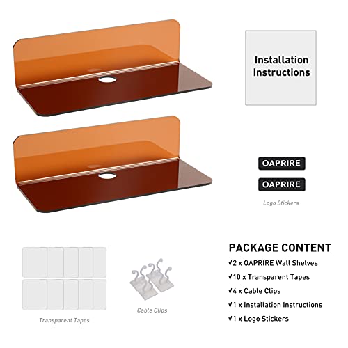 OAprire Acrylic Floating Shelves Set of 2 - Expand Wall Space - 9 Inch Small Adhesive Shelf for Bedroom, Bathroom, Kitchen, Living Room, Office with Cable Clips (Brown) - color: Brown