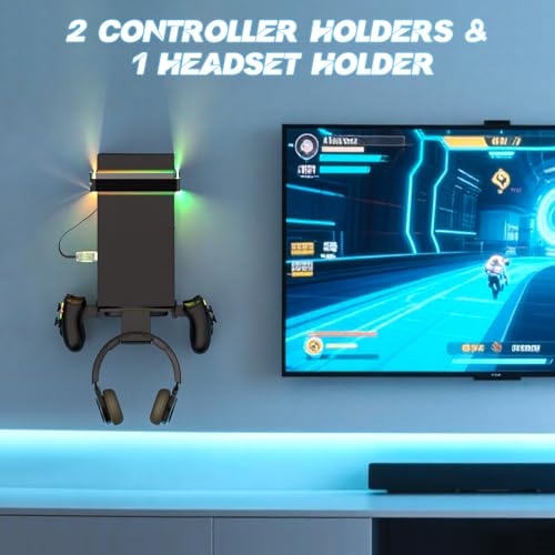 Wall Mount for Xbox Series X/S-Wall Mount Kit with 2 Controller Holder &1 Headset Stand & RGB Light, Xbox series X/S Wall Mounted Bracket Shelf Stand- Safely Organize Your Xbox X/S Series Accessories - color: Grey