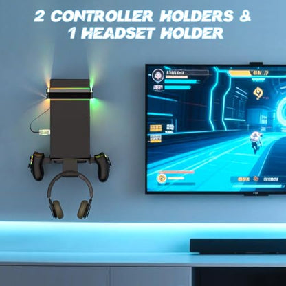 Wall Mount for Xbox Series X/S-Wall Mount Kit with 2 Controller Holder &1 Headset Stand & RGB Light, Xbox series X/S Wall Mounted Bracket Shelf Stand- Safely Organize Your Xbox X/S Series Accessories - color: Grey