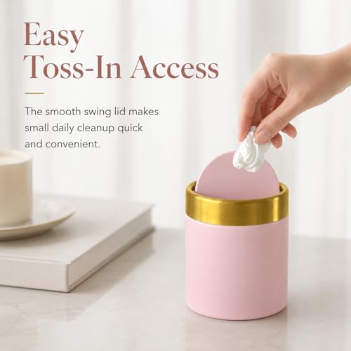 Pink Mini Countertop Trash Can with Lid – Metal Tiny Makeup Vanity Swing-Top Waste Bin, 1.5 L / 0.40 Gal - color: Pink