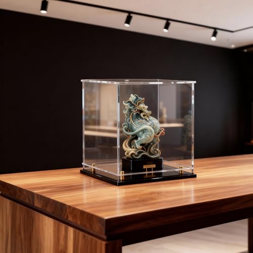 Acrylic Display Case for Collectibles, Dustproof Acrylic Box with Clear Display Elevation & Gold Risers, Large Display Case for Figures Toys Memorabilia, 8" L x 8" W x 9.6" H - size: 8"L x 8"W x 9.6"H