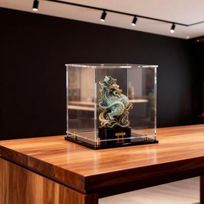 Acrylic Display Case for Collectibles, Dustproof Acrylic Box with Clear Display Elevation & Gold Risers, Large Display Case for Figures Toys Memorabilia, 8" L x 8" W x 9.6" H - size: 8"L x 8"W x 9.6"H