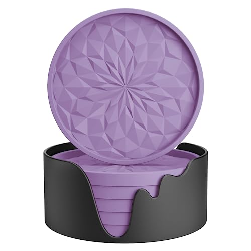 ME.FAN Silicone Coasters with Holder,[6 Pack] Drinking Coasters - Cup Mat for Hot or Cold Drinks, Thickened, Non-Slip, Non-stick,Deep Tray Light Purple - color: Light Purple