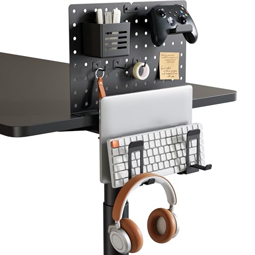 PEGZONE Clamp on Desk Pegboard Shelf, with 2-Slot Under Desk Laptop Holder | with Headphone Holder and Pegboard Accessories, Desk Side Storage for Office Gaming, Desk Organizer, Black